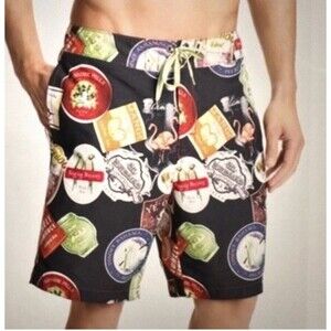 Tommy Bahama Relax Swim Trunks Board Shorts Size 32 Beer Ale Label Print